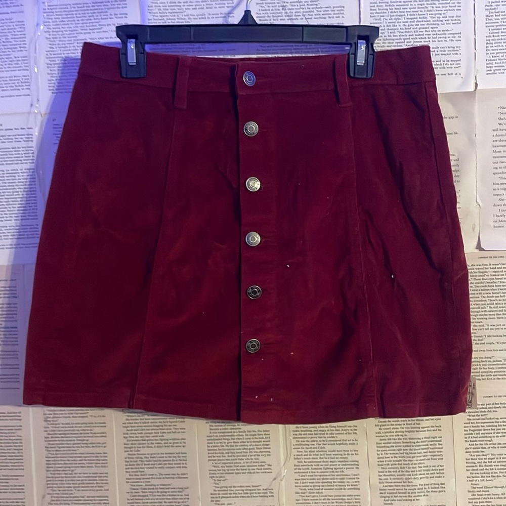 YMI velvet fabric red skirt, black buttons all the way down